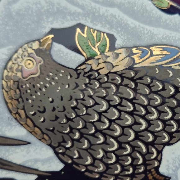 DARK BLUE & GOLD JAPANESE VASE-PEACOCKS & PINK FLOWERS-9 1/2" TALL - Picture 4 of 16